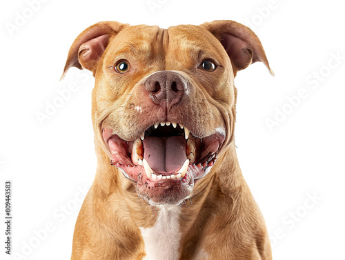 dangerous pit bull dog portrait showing fangs on white background isolated PNG © JetHuynh