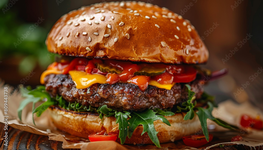A hamburger with lettuce and tomato on top of a bun by AI generated image A hamburger with lettuce and tomato on top of a bun by AI generated image