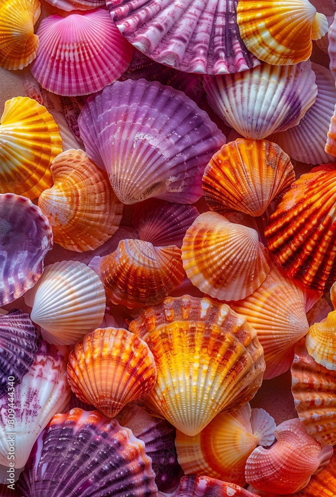 Many colorful shells are arranged in a row. Many colorful shells are arranged in a row.