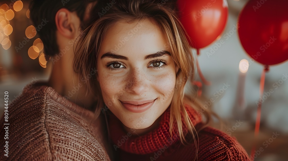 Woman Smiling and Holding Heart-Shaped Balloon Woman Smiling and Holding Heart-Shaped Balloon
