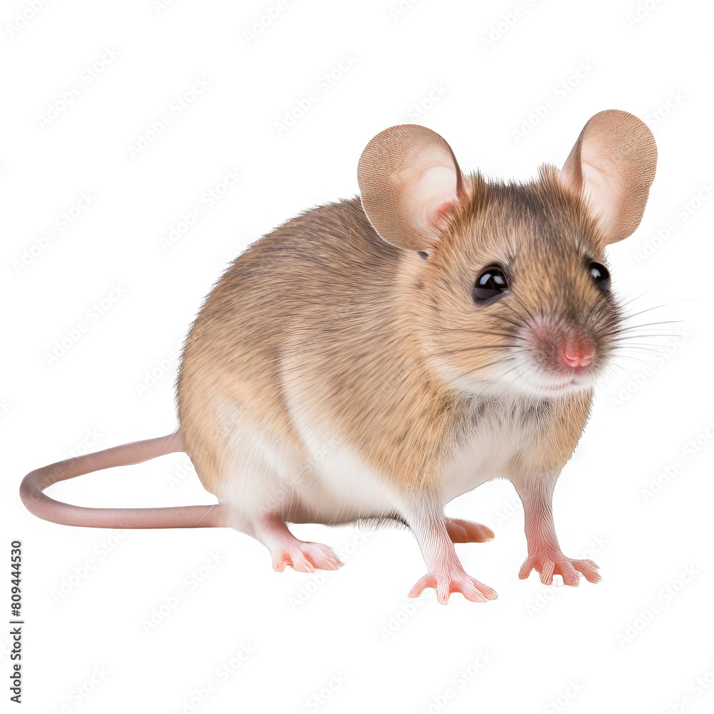 A cute brown and white mouse is sitting on a white background. The mouse has its ears perked up and is looking at the camera.