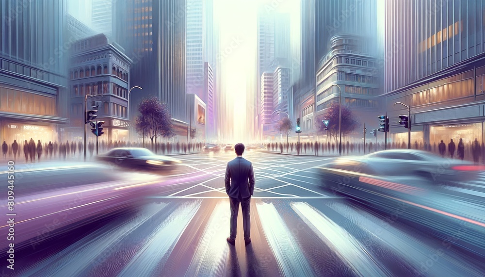 Businessman standing at the crossroads of a busy city intersection, symbolizing choices in business