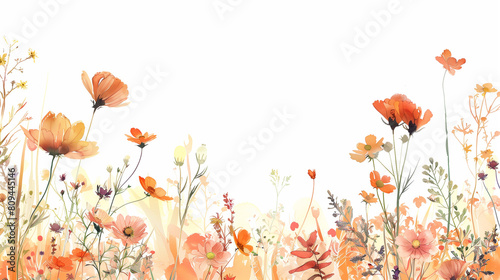 Fototapeta Naklejka Na Ścianę i Meble -  Wild meadow flower in spring watercolor in pastel color background illustration for banner, greeting card, poster, invitation. Peach fuzz color. Copy space