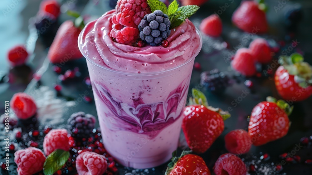 Clear cup of a berry smoothie, with blended berries and yogurt, creating a nutritious and vibrant drink choice for health-conscious consumers. Clear cup of a berry smoothie, with blended berries and yogurt, creating a nutritious and vibrant drink choice for health-conscious consumers.