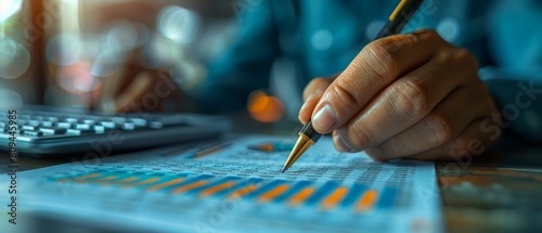 Hand Analyzing Financial Report with Pen and Calculator.