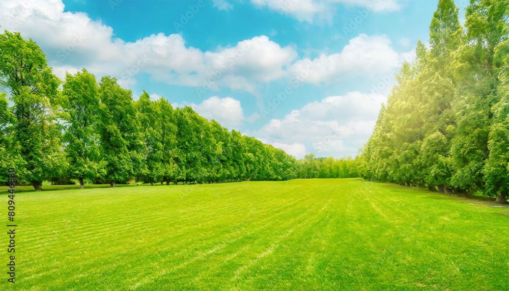 Beautiful, blurred background image of spring nature with a neatly trimmed lawn surrounded Beautiful, blurred background image of spring nature with a neatly trimmed lawn surrounded