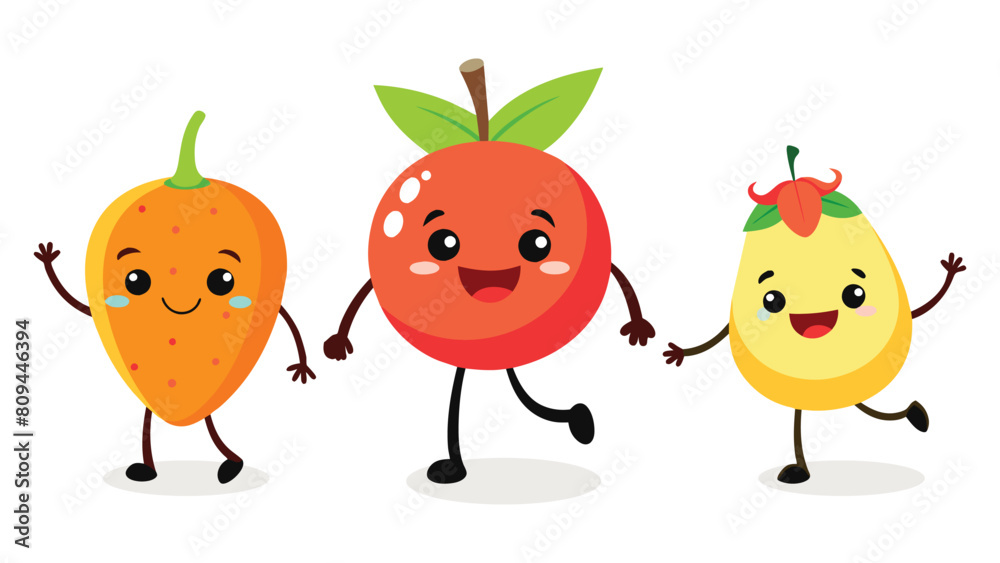 Cartoon mascot fruit. Retro fruits character with legs and hands, cute face expression. Walking orange, running apple, staying watermelon, happy banana illustration Vector set