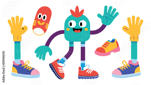 Cartoon hands and leg. Retro color comic leg in sneakers  mascot arm and hand  feet in trainers walking  expression pose  cute doodle gesture. illustration Vector set.