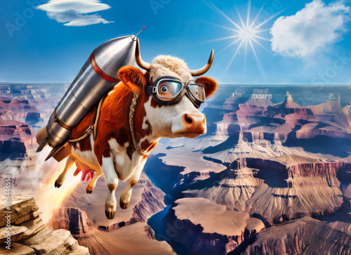 a daredevil cow with rocket strapped to its back, attempting a jump jumping across Grand Canyon, aviator goggles, exaggerated alarmed look on its face, comedic fantasy photo