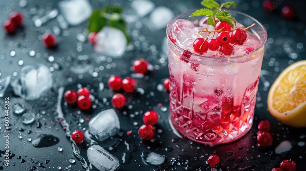 Red berries and ice garnishing a glass of lemonade on a dark surface