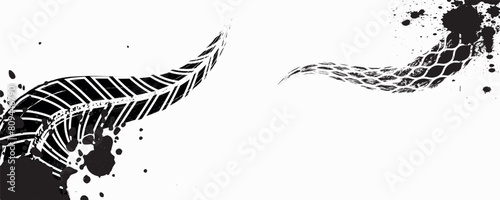 Tire tread marks, wheel textures, tire marks - car racing, motocross, drift, rally, off-road and others. Vector black isolated texture in grunge style with splashes. Black and white monochrome se photo