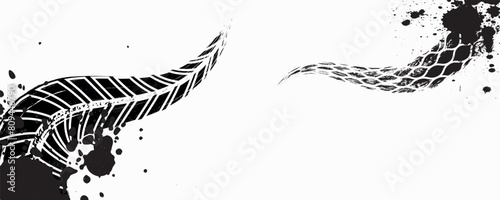 Tire tread marks, wheel textures, tire marks - car racing, motocross, drift, rally, off-road and others. Vector black isolated texture in grunge style with splashes. Black and white monochrome se