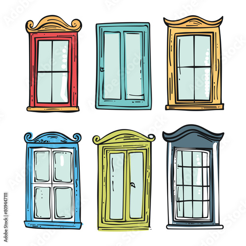 Collection vintage windows handdrawn doodle style. Colorful window frames, classic architectural details. Set six different window designs colorful outlines isolated white background