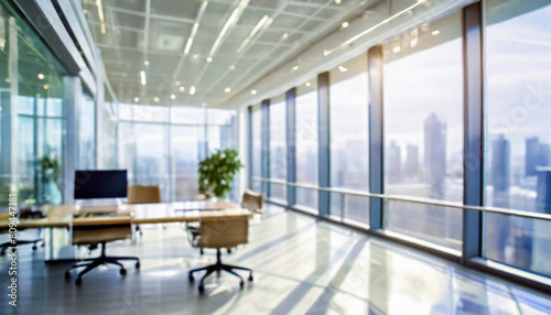 Beautiful, blurred background of a light modern office interior with panoramic windows