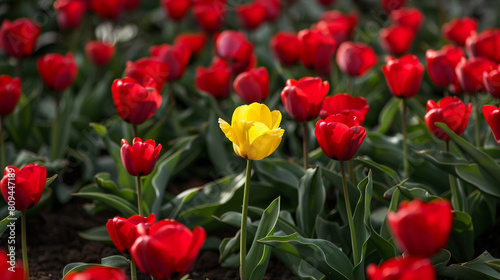 One yellow tulip between red tulips grounp. The diversity concept.
