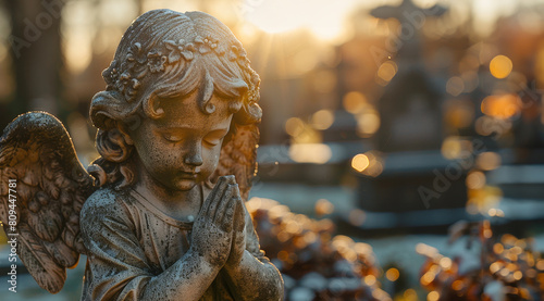 A small angel statue is sitting in front of a cemetery by AI generated image