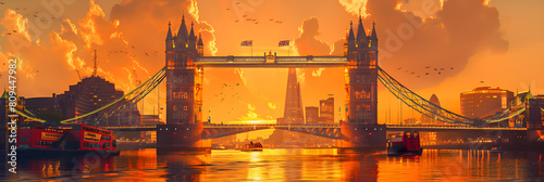 Cityscape of Tower Bridge at Sunset with Union Jack Flag, London, UK - A Blend of History & Modernity