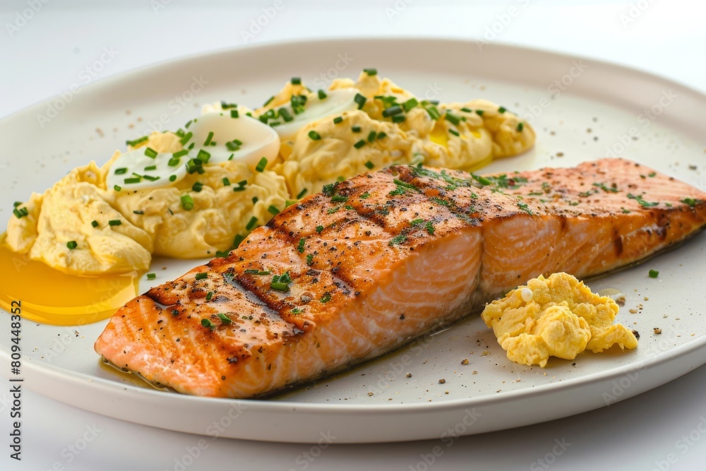 Delicious Alder-Planked Salmon with Fluffy Egg Sauce and Caviar Garnish