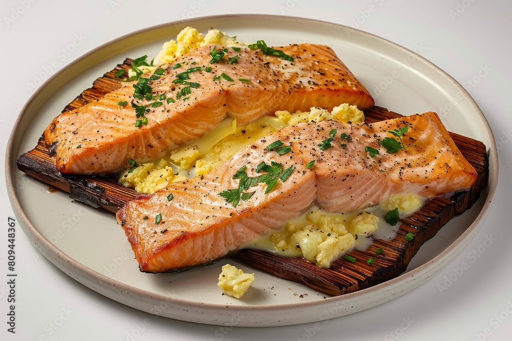 Grilled Salmon with Buttery Egg Sauce and Vibrant Green Finish