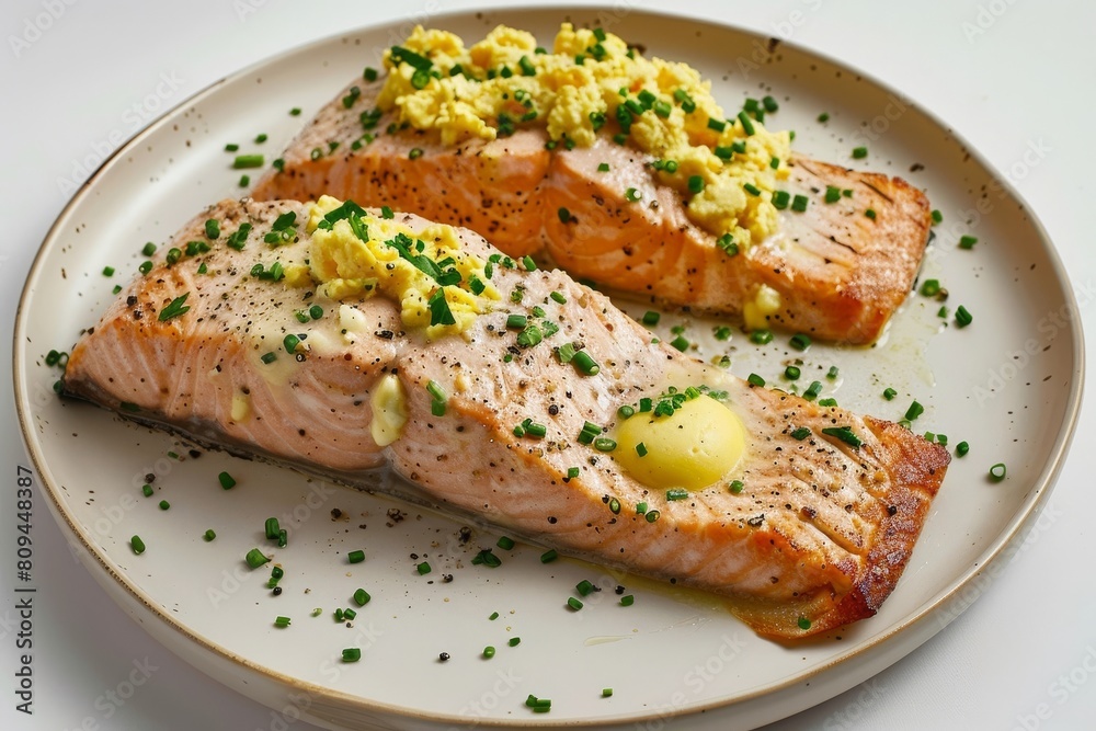 Alder-Planked Salmon with Creamy Egg Sauce and Californian Caviar Touch Alder-Planked Salmon with Creamy Egg Sauce and Californian Caviar Touch