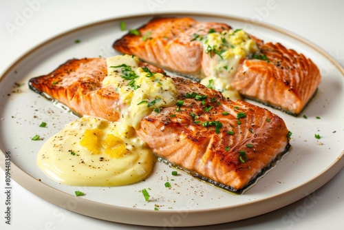 Grilled Salmon with Buttery Egg Sauce and Vibrant Green Touch