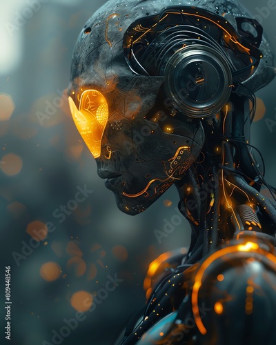 A scifi depiction of a cyborg with a golden heart against a hightech digital wall photo