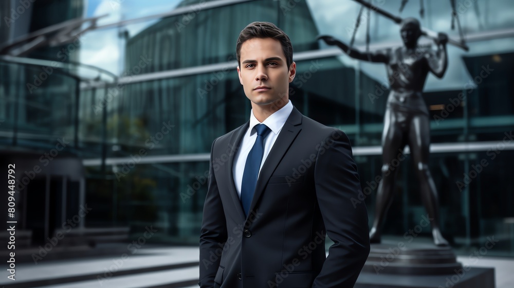 A young male lawyer stands outside a courthouse looking confident. A young male lawyer stands outside a courthouse looking confident.