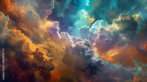 A cosmic symphony of vibrant colors twirling within celestial mist photo