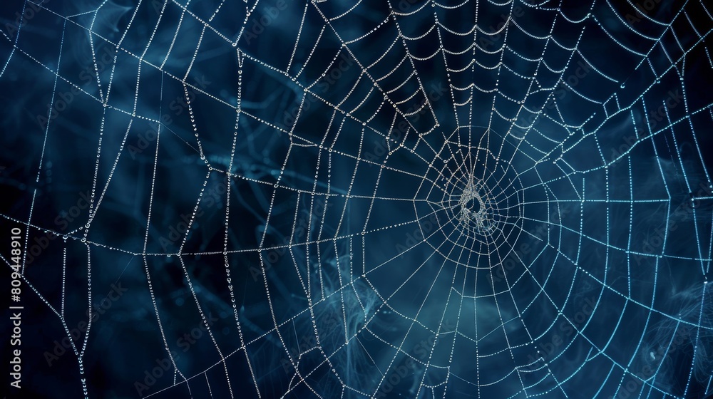 Dew-kissed spiderweb on moody blue background