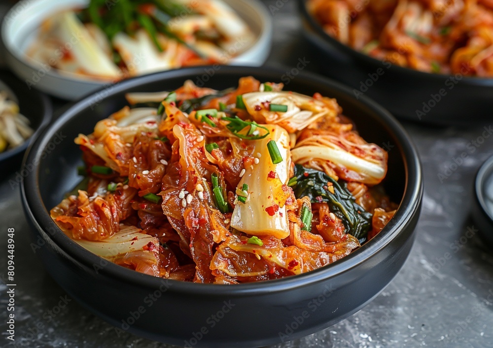 Close up Korean homemade food, Kimchi cabbage in black bowl. Close up Korean homemade food, Kimchi cabbage in black bowl.