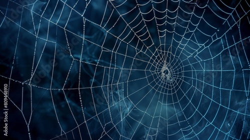 Dew-kissed spiderweb on moody blue background