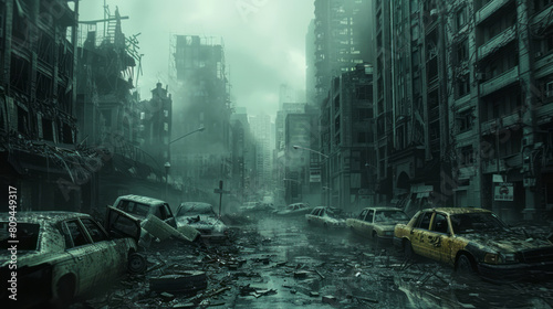 A postapocalyptic city street with destroyed buildings, broken cars, and rubble, appearing dark and gloomy, but with light visible at the end of the tunnel. photo