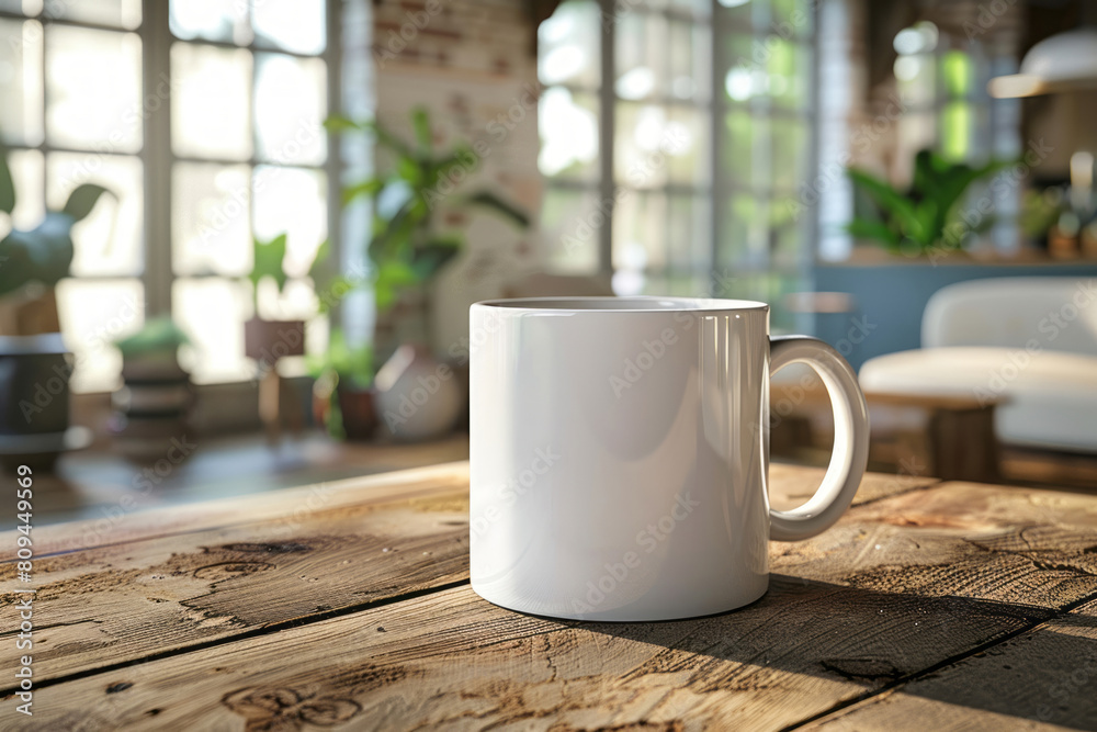 A blank white coffee mug sits on an old wooden table, with a blurred background of the kitchen and living room in soft focus, centered in the frame.