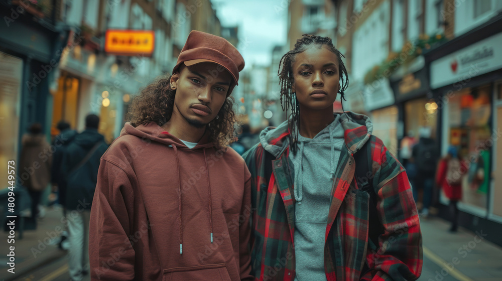 A young man and woman wearing maroon blank hoodies standing on the street, with an urban cityscape with buildings and people walking in the background.