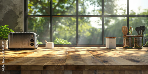 An empty wooden kitchen counter with a window in the background, bathed in soft, natural light that creates gentle shadows and highlights. © Duka Mer