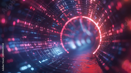 A secure data transfer depicted as a stream of light passing through a digital tunnel with encryption symbols.