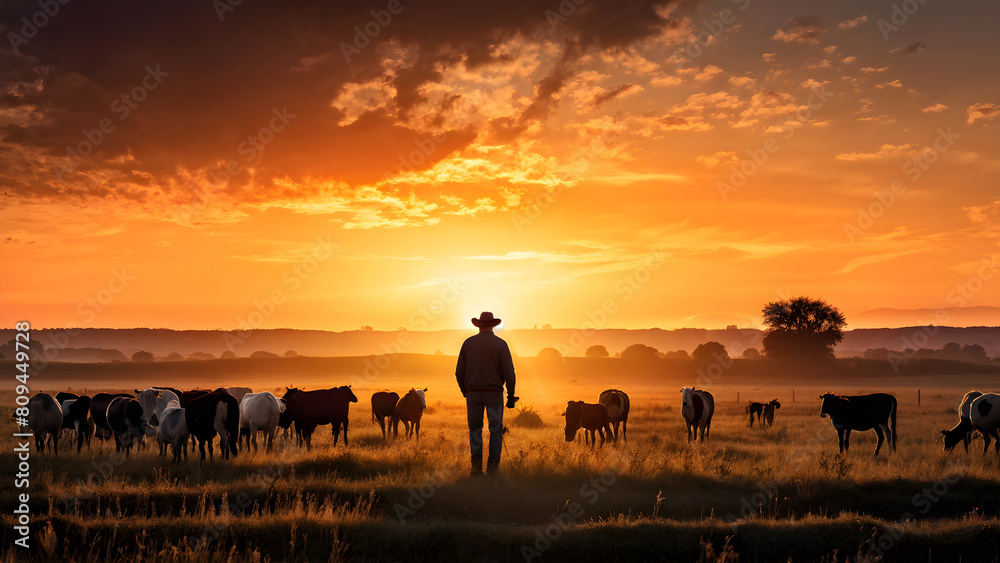 Sunset silhouette of a lone farmer inspecting livestock in a sprawling pasture
