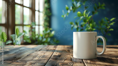 A white mug with no design on it sits upright on an old wooden table in the foreground  with blurred green bokeh in the background.