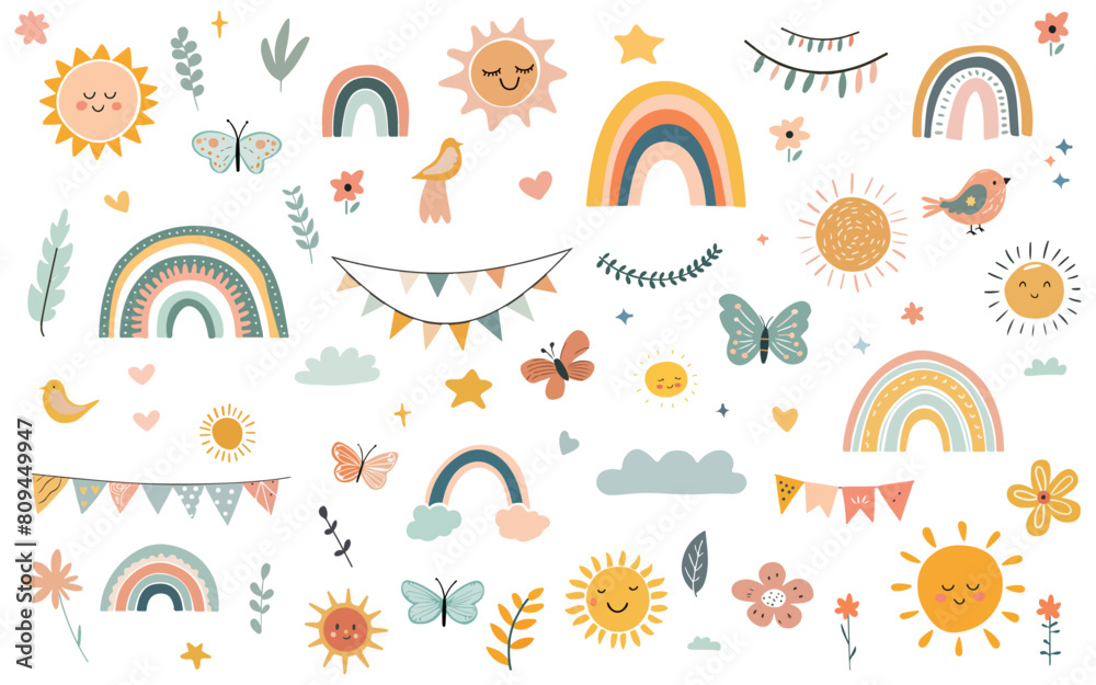 cute elements hand drawn doodles vector set. colorful collection of rainbow, bunting flag, sun, leaf, bird, butterfly, flower. adorable kid child scribble printable.