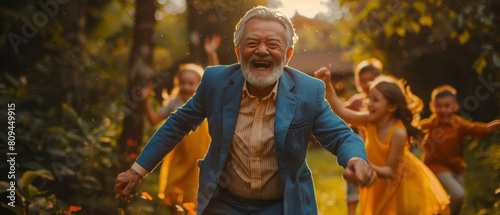 An old man with grey hair and a blue suit running happily through the garden, with children laughing loudly around him.