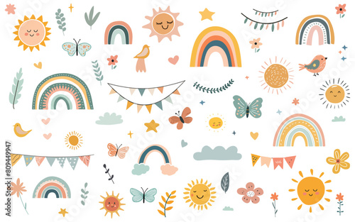 cute elements hand drawn doodles vector set. colorful collection of rainbow, bunting flag, sun, leaf, bird, butterfly, flower. adorable kid child scribble printable.