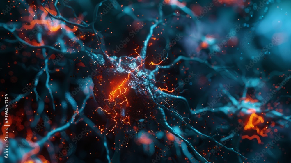 Digital illustration of active neural synapses in a brain network with ...