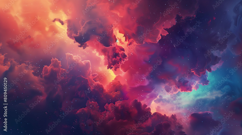 A cosmic dance of colors amidst celestial clouds