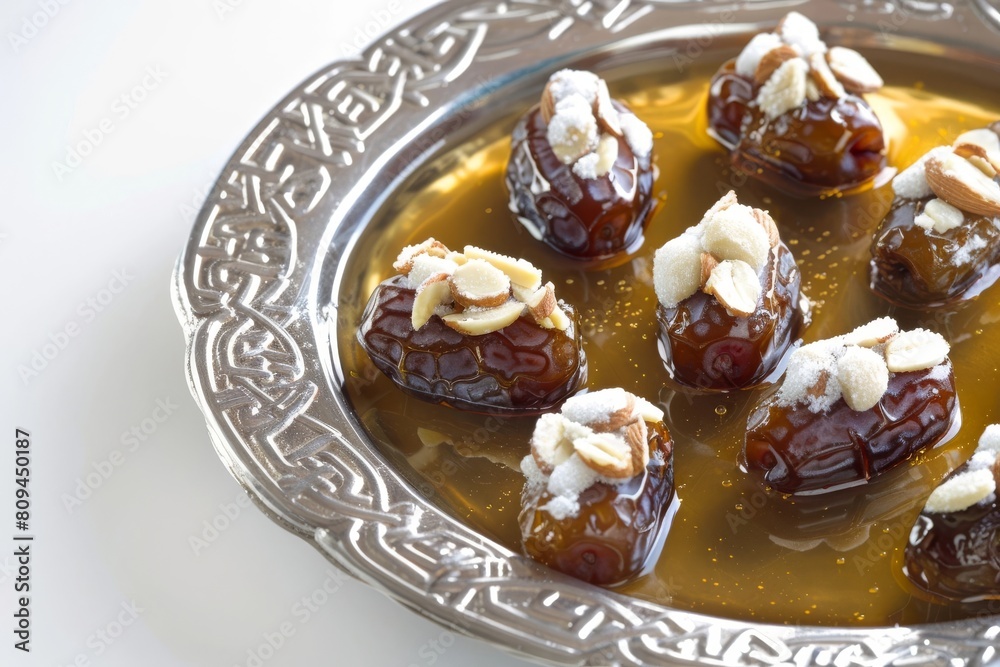 Ornate Silver Platter with Almonds and Syrup Filled Dates Ornate Silver Platter with Almonds and Syrup Filled Dates