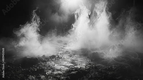 A black background with white smoke swirling in the air, creating a dark environment and a mysterious atmosphere, with a high contrast between light and shadow