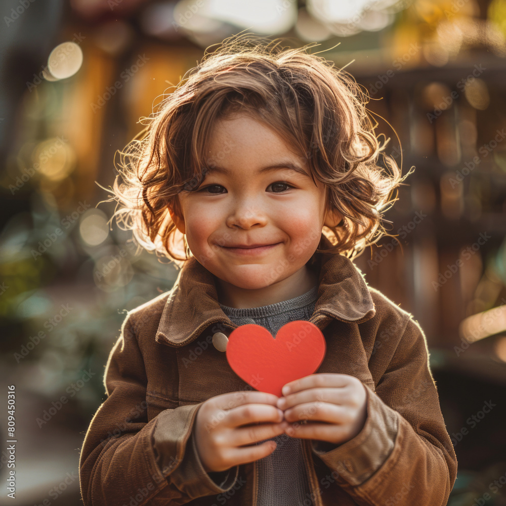 A boy holding out his heart-shaped red paper, with happy and joyful smiles on their faces, with the background blurred and the focus of attention lies in the heart-shaped paper. A boy holding out his heart-shaped red paper, with happy and joyful smiles on their faces, with the background blurred and the focus of attention lies in the heart-shaped paper.