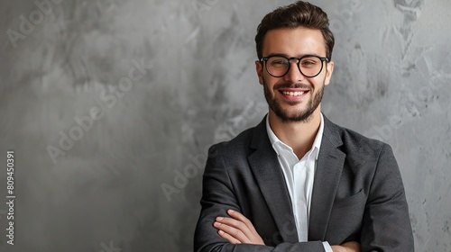 Handsome young businessman in eyeglasses standing with crossed arms and looking at camera