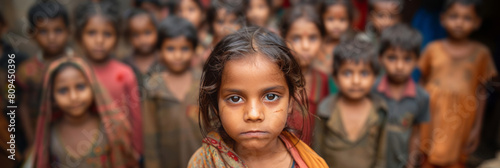 Children in the streets, posing for the camera, surrounded by other kids, in New Delhi, India, in daylight. photo