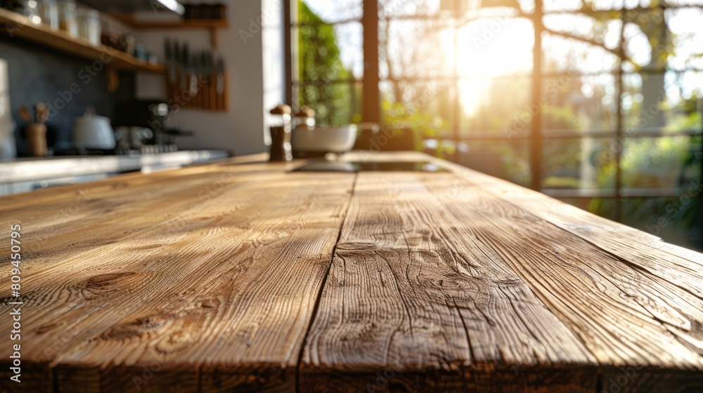 An empty wooden table in a modern kitchen interior, with a blurred background of a sunny day seen through a panoramic window.