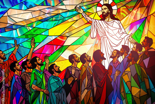 Colorful Stained Glass Style Illustration of Jesus and Disciples, Religious Art Concept